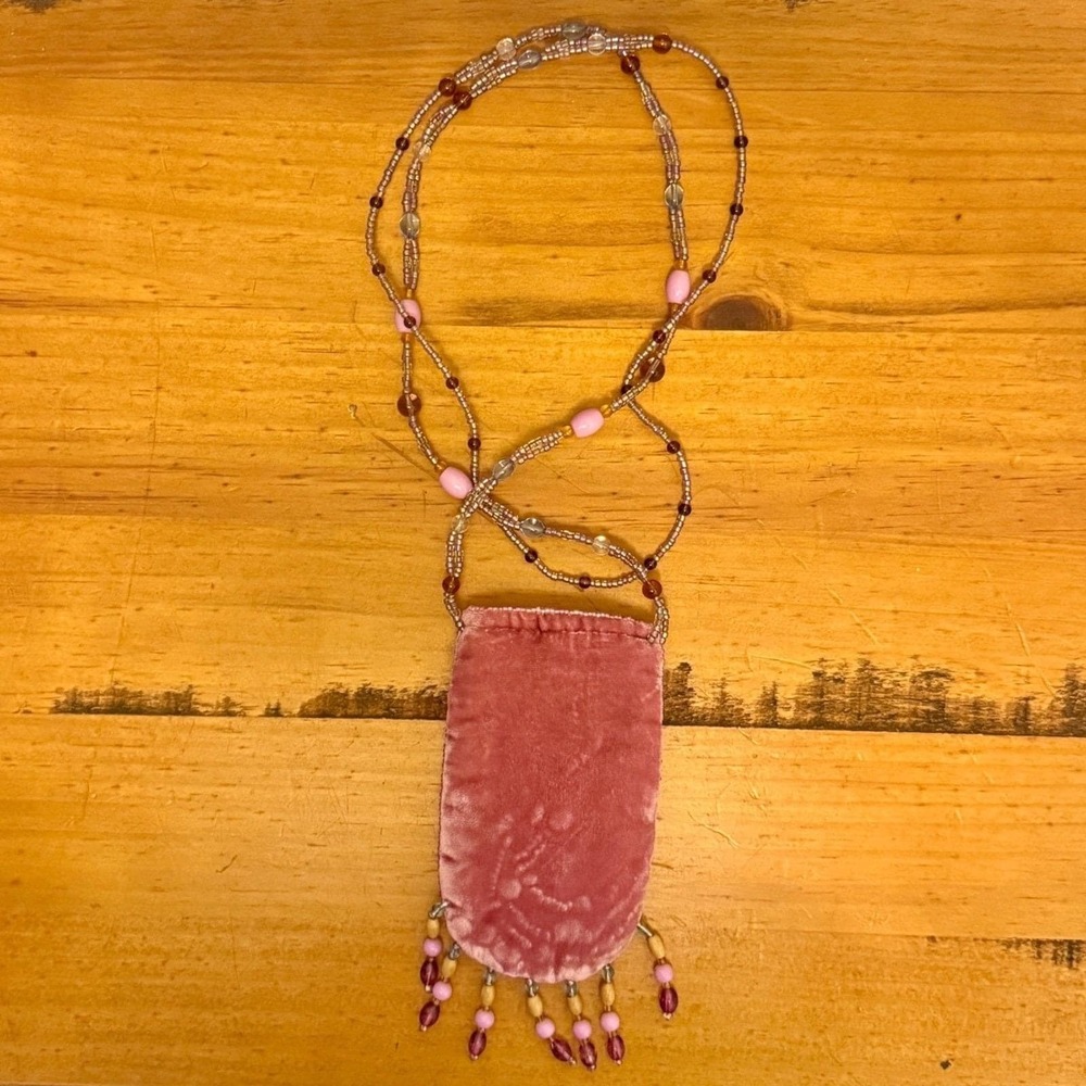 Vintage Pink Velvet Beaded Kokopelli Pouch Necklace Boho Crossbody Mini Bag 90s - Picture 2 of 12